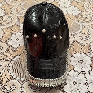 Elegant Black Croc-Embossed Hat with Pearl and Rhinestone Details